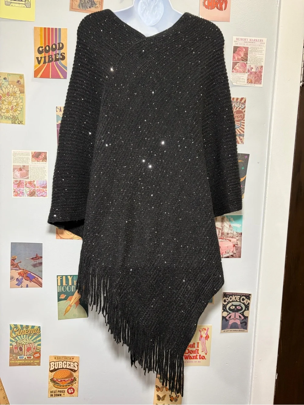 Black Rivet Black Knit Poncho with Fringe Edge